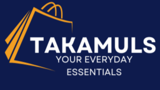 Takamuls logo with a shopping bag icon on a dark blue background